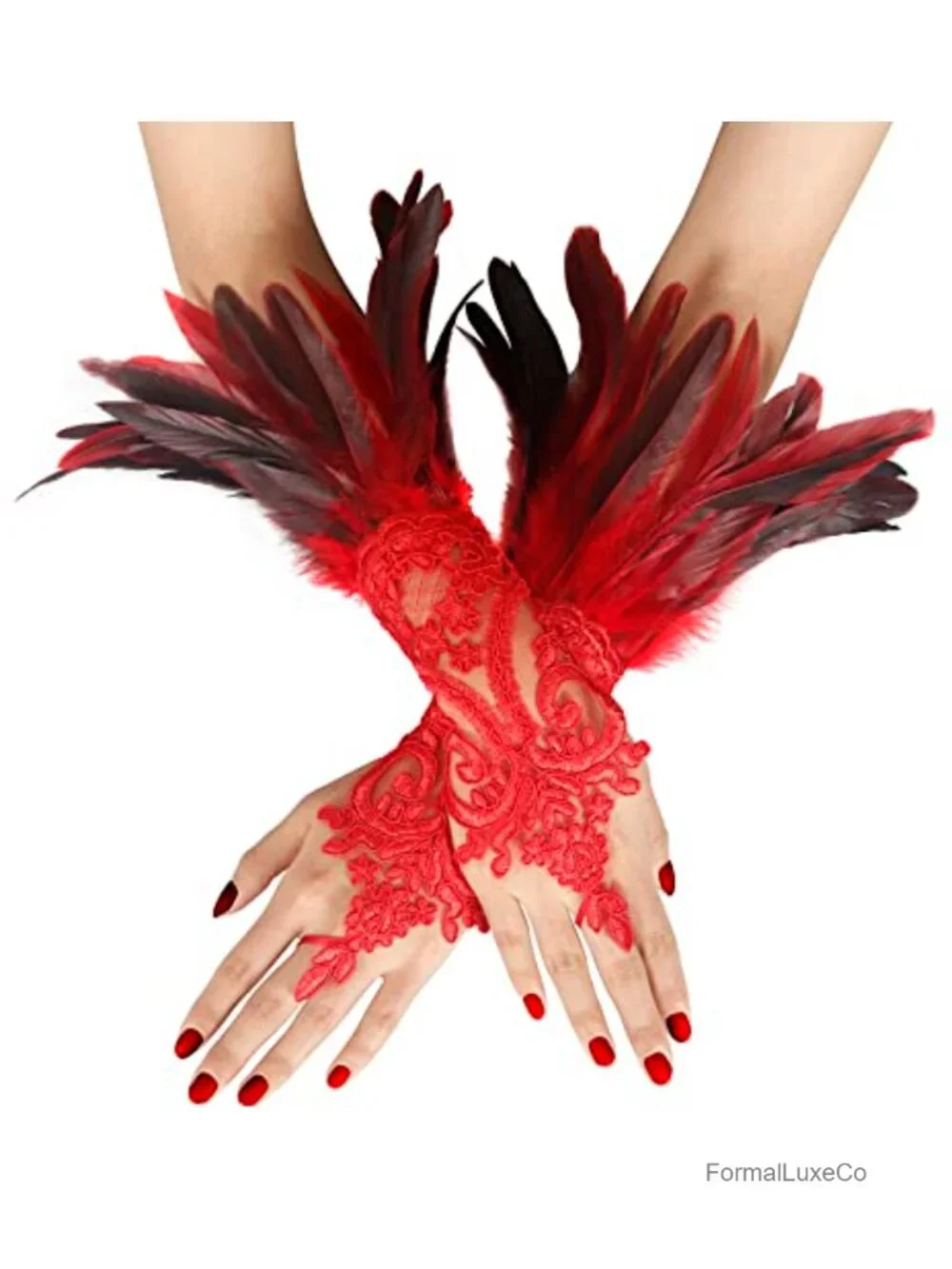 2PCS Women's Lace Feather Long Gloves Gothic Mesh Cuff Wedding Halloween Party